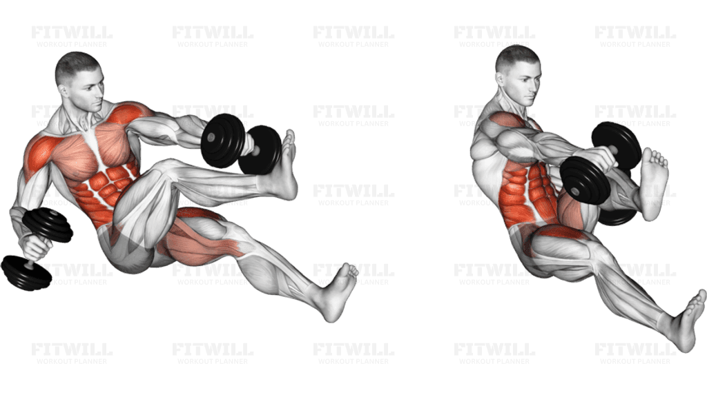 Dumbbell Seated Tuck Twisting Crunch on Floor