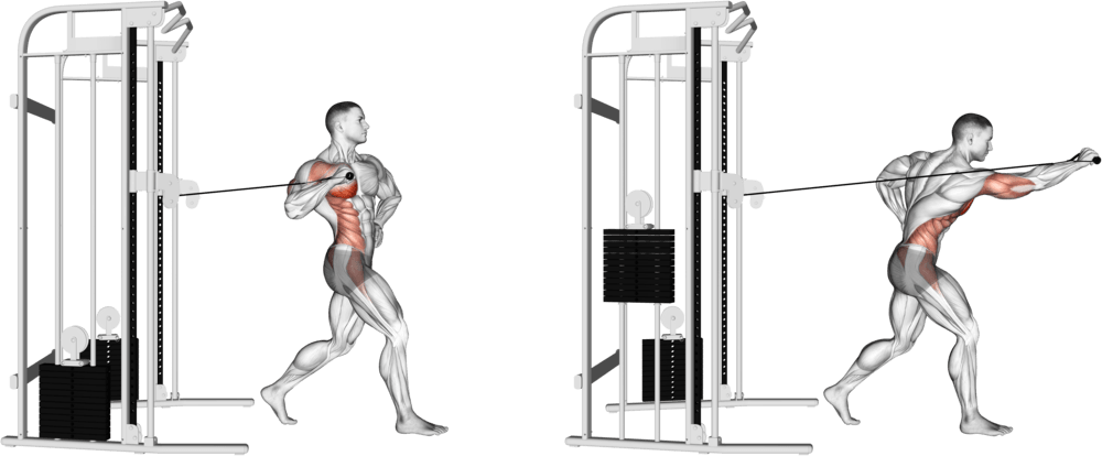 Cable twisting standing one arm chest press