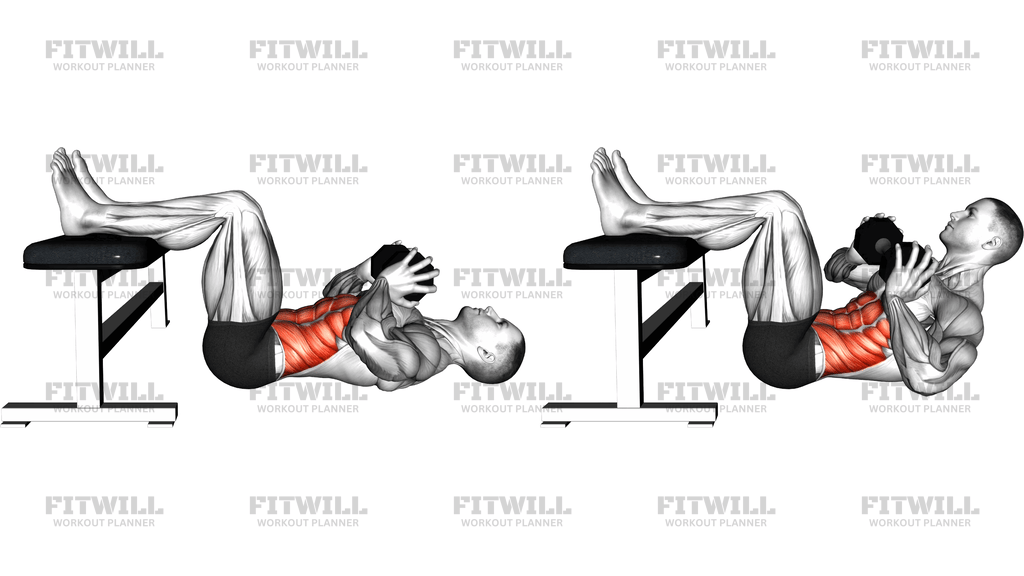 Dumbbell Twisting Crunch Legs On Bench