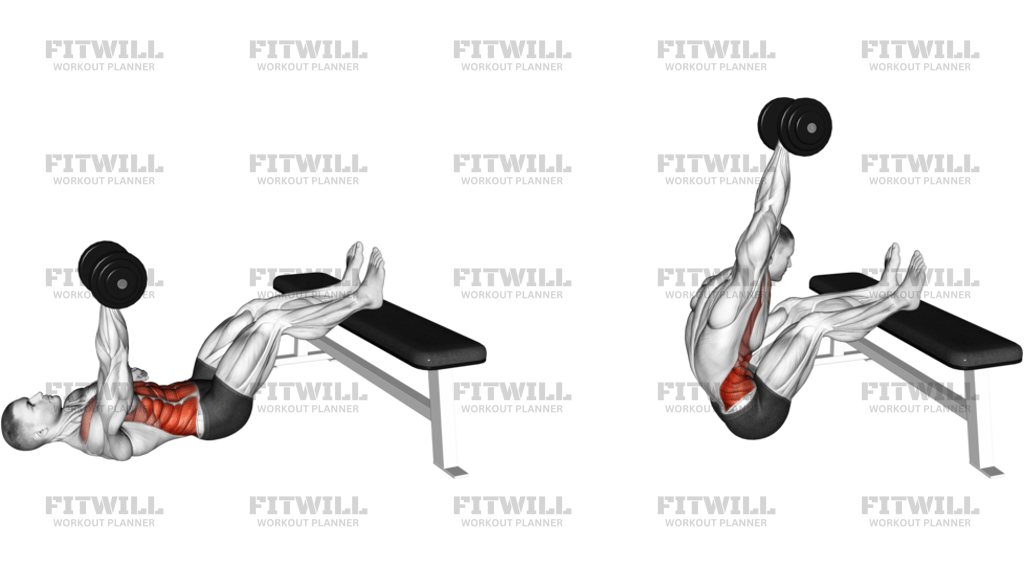 Dumbbell Overhead Sit-Up With Legs On Bench
