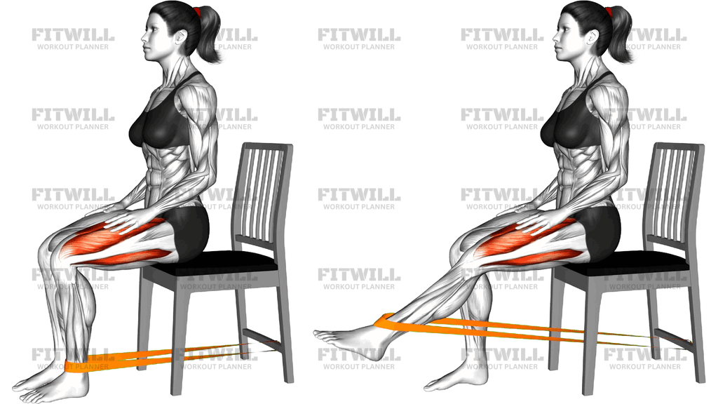 Extension Du Genou Assise Avec Bande De Résistance Sur Une Chaise